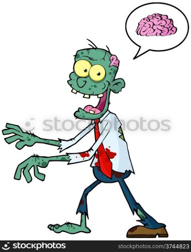 Blue Cartoon Zombie Walking With Hands In Front And Speech Bubble With Brain