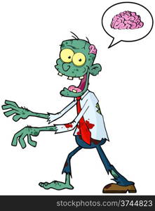 Blue Cartoon Zombie Walking With Hands In Front And Speech Bubble With Brain