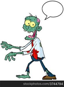 Blue Cartoon Zombie Walking With Hands In Front With Speech Bubble