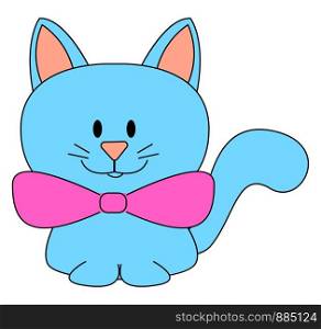 Blue cat with pink bow tie, illustration, vector on white background.
