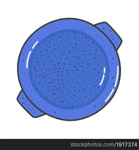 Blue ceramic dish. Kitchenware. Porcelain spotted plate craft. Hand drawn dishware. Vector illustration.