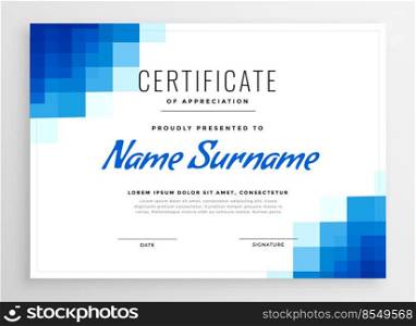 blue certificate of appreciation template with mosaic shapes