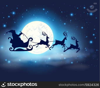 Blue Christmas background with Santa Claus, deers and full Moon