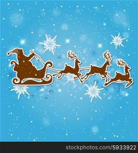 Blue Christmas background with Santa Claus, deers and snowflakes