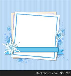 Blue Christmas background with snowflakes and white sheet of paper
