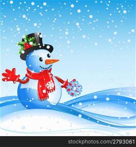 Blue christmas background with snowman and snowflake
