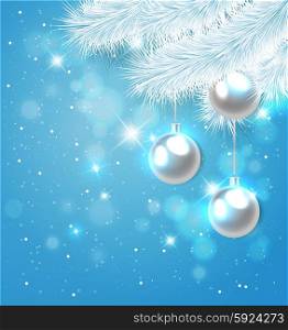 Blue Christmas background with white pine branch and decorations