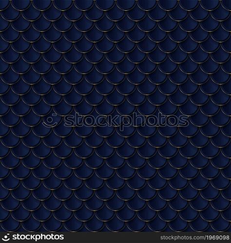 Blue circles with gold line fish scales seamless pattern luxury style. Vector graphic illustration