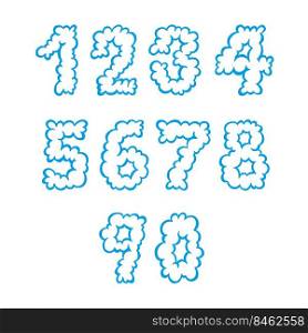 Blue cloud numbers isolated on white background. Set of vector numbers from 0 to 9 made from smoke or foam or clouds.. Blue cloud numbers isolated on white background. Flat vector illustration