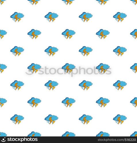 Blue cloud with lightnings and rain pattern seamless repeat in cartoon style vector illustration. Blue cloud with lightnings and rain pattern