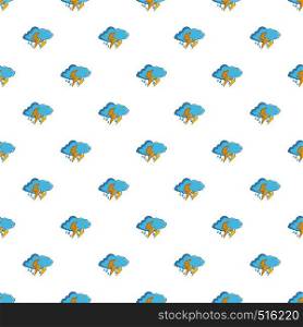 Blue cloud with lightnings and rain pattern seamless repeat in cartoon style vector illustration. Blue cloud with lightnings and rain pattern