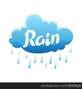 Blue clouds and raindrops on white background. Cartoon cloudscape illustration.. Blue clouds and raindrops on white background.