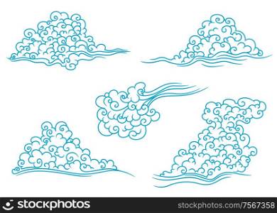 Blue clouds set in retro style isolated on white background for weather or art design