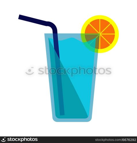 Blue Cocktail Icon. Blue cocktail icon. Blue cocktail in glass with slice of lemon and blue straw isolated on white background. Beach cocktail. Bar design element. Vector illustration in flat design.