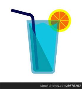 Blue Cocktail Icon. Blue cocktail icon. Blue cocktail in glass with slice of lemon and blue straw isolated on white background. Beach cocktail. Bar design element. Vector illustration in flat design.