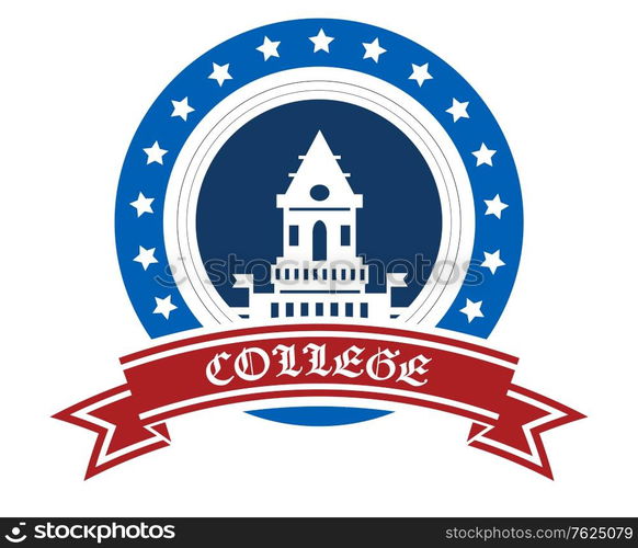 Blue College emblem with circular stars with text &rsquo;College&rsquo; on red ribbon suitable for education industry