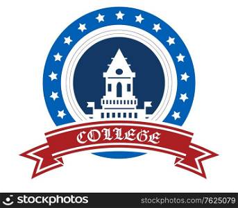 Blue College emblem with circular stars with text &rsquo;College&rsquo; on red ribbon suitable for education industry