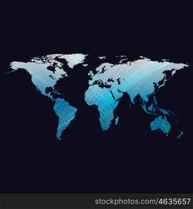 Blue color background with world map, abstract waves, lines, curves. Motion design. Vector decoration