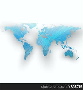 Blue color background with world map, shadow, abstract waves, lines, curves. Motion design. Vector decoration