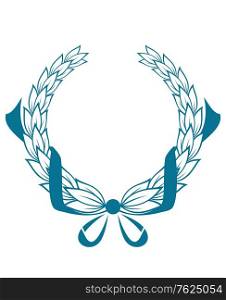 Blue color foliate circular wreath with ornate swirling ribbons in a symmetrical pattern isolated over white background
