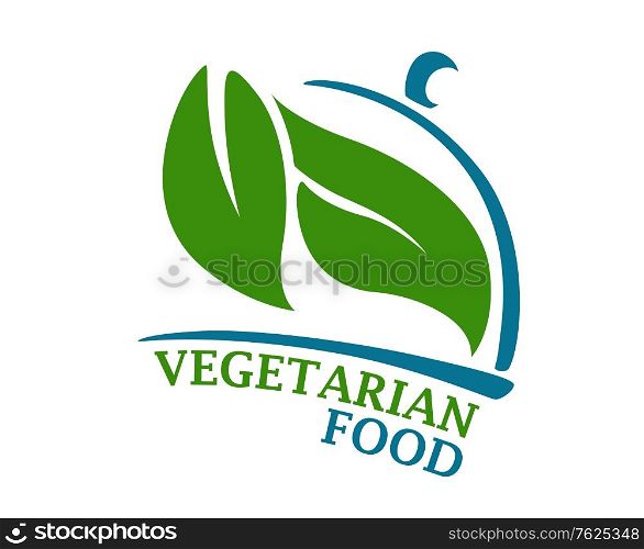 "Blue colored cloche representing restaurant symbol with green colored leaves and text "Vegetarian Food" in the below isolated over white background suitable for food and drink industry. Vegetarian Restaurant sign"