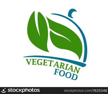 "Blue colored cloche representing restaurant symbol with green colored leaves and text "Vegetarian Food" in the below isolated over white background suitable for food and drink industry. Vegetarian Restaurant sign"
