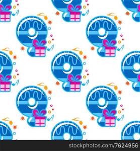 Blue colored number 9 childish seamless pattern with pink gift motifs in square format