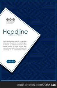 Blue cover design with labyrinth background pattern. Good for annual report, conference, journal, book, banner, flyer, business or fashion report. Vector.