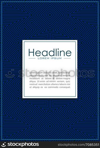 Blue cover design with labyrinth background pattern. Good for annual report, conference, journal, book, banner, flyer, business or fashion report. Vector.