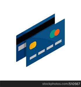 Blue credit card in isometric 3d style on a white background. Blue credit card icon, isometric 3d style