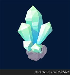 Blue crystal gem, jewel rock mineral stone. isolated natural green turquoise gemstone opal, emerald or quartz glass, jewelry and geology magic crystal, computer game item, Cartoon vector object. Crystal gem, blue magic gemstone isolated icon