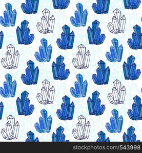 Blue crystals seamless pattern. Minerals rocks hand drawn. Vector fashion background for interior wallpaper, web page background, wrapping, packaging, textile, scrapbook, fabric, textile. Blue crystals seamless pattern. Minerals rocks hand drawn. Vector fashion background