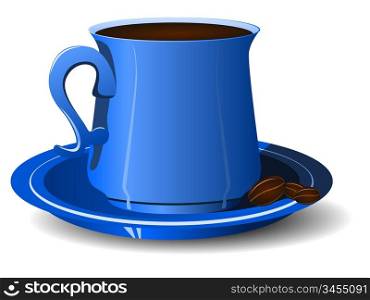 Blue cup with coffee beans on a platter. vector