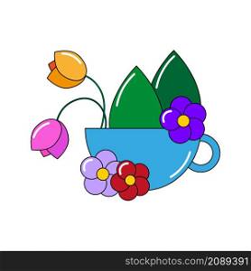 Blue cup with flowers. Colored sign. Beautiful art. Nature design. Botany background. Vector illustration. Stock image. EPS 10.