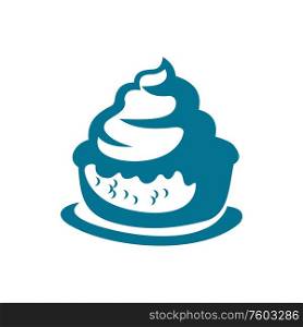 Blue cupcake with whipped cream isolated icon. Vector muffin, tasty sweet dessert. Muffin on plate, whipped cream cake