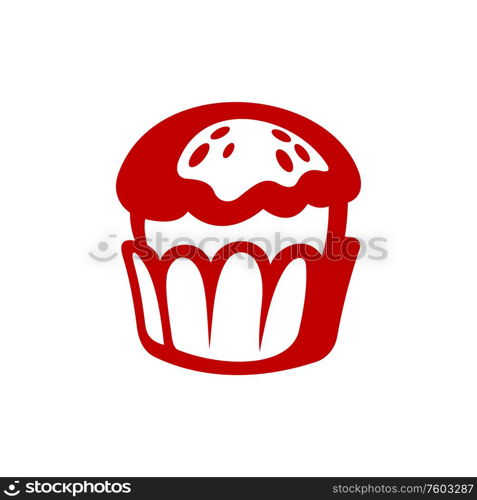 Blue cupcake with whipped cream isolated icon. Vector muffin, tasty sweet dessert. Muffin on plate, whipped cream cake