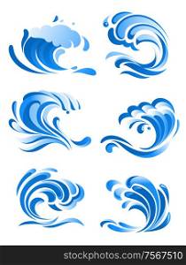 Blue curling ocean waves icons and symbols for environment design