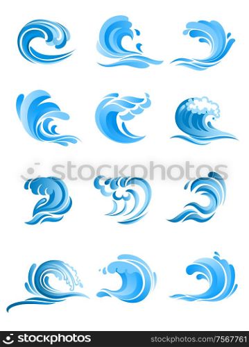 Blue curly sea and ocean surf waves set isolated on white background. For icon, symbol or emblem design