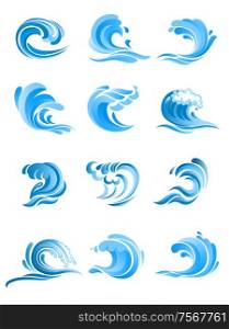 Blue curly sea and ocean surf waves set isolated on white background. For icon, symbol or emblem design