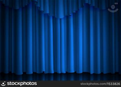 Blue curtain. Theater, cinema or circus scene drape luxury silk or velvet closed stage background with spot of illumination, vector realistic fabric drapes. Blue curtain. Theater, cinema or scene drape luxury silk or velvet stage background with spot of illumination, vector realistic fabric drapes