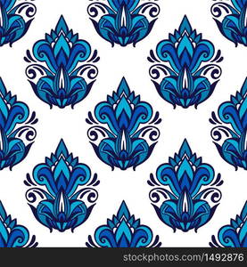 Blue damask flourish seamless pattern vector. Ceramic tile, fabrick decor. Blue damask flourish seamless pattern vector