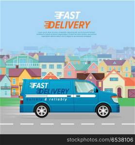 Blue Delivery Van on the Road in City. Fast Truck.. Blue delivery van with a white line on the asphalt road in the city. Fast four-wheeled mean of transportation. Blue background with many high buildings. Speed auto driving on the highway. Vector