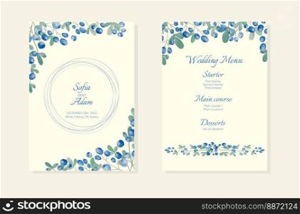 Blue derry vector frames. Hand painted branches, leaves and beeries on white background. Greenery wedding simple minimalist invitations.. Blue derry vector frames. Hand painted branches, leaves and beeries on white background. Greenery wedding simple minimalist invitations. Watercolor style cards.Elements are isolated and editable