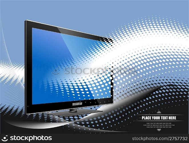 Blue dotted background with Flat computer monitor. Display. Vector illustration