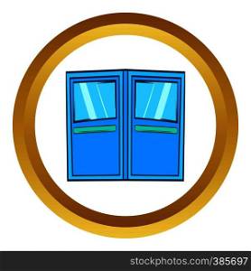 Blue double entrance doors vector icon in golden circle, cartoon style isolated on white background. Blue double entrance doors vector icon