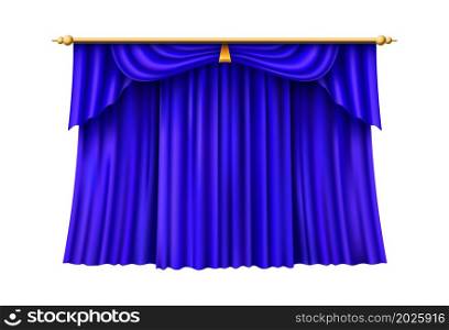 Blue drapery covering scene. Big opening event. Folded curtains in realistic style isolated on white background. Blue drapery covering scene. Big opening event. Folded curtains in realistic style