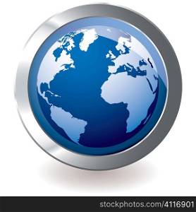 Blue earth globe with silver metal icon and drop shadow