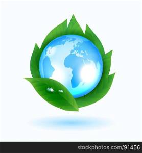 Blue Earth with green leaves. Blue Earth with green leaves eco symbol. Vector illustration