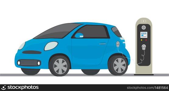 Blue electric car and charging station,modern eco transport concept,flat vector illustration. Blue electric car and charging station,modern eco transport conc