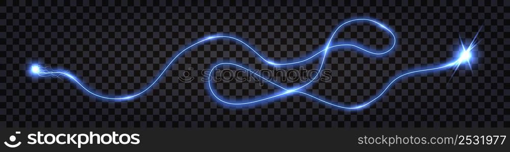 Blue electric swirl wave, lightning thunder bolt, impulse discharge with shock light effect, wire cable isolated. shiny blue trail, cyber technology design element. vector illustration